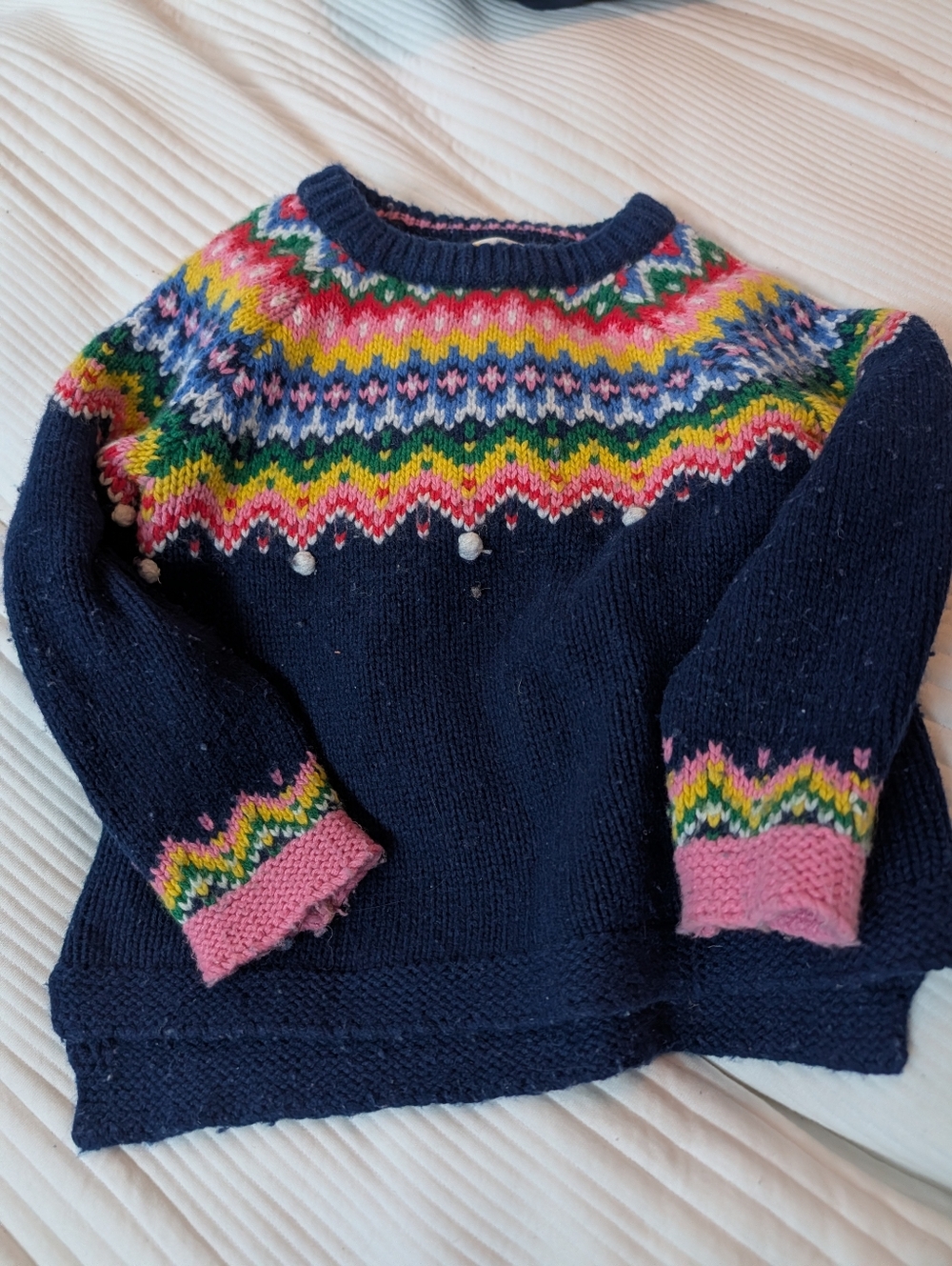 Mini Boden Navy Multicolor Fair Isle Sweater with Pink Cuffs